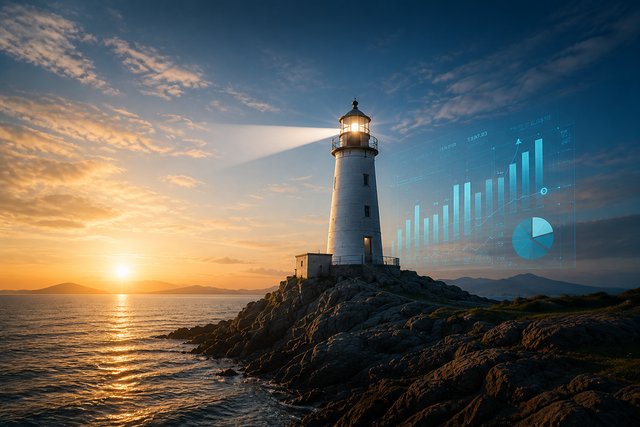 A coastal lighthouse at sunset with rising financial growth charts