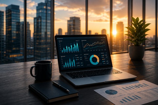 A laptop displaying financial dashboards, KPIs and performance charts