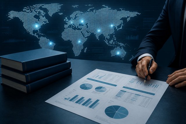 An advisor reviewing printed financial statements and reports at a desk