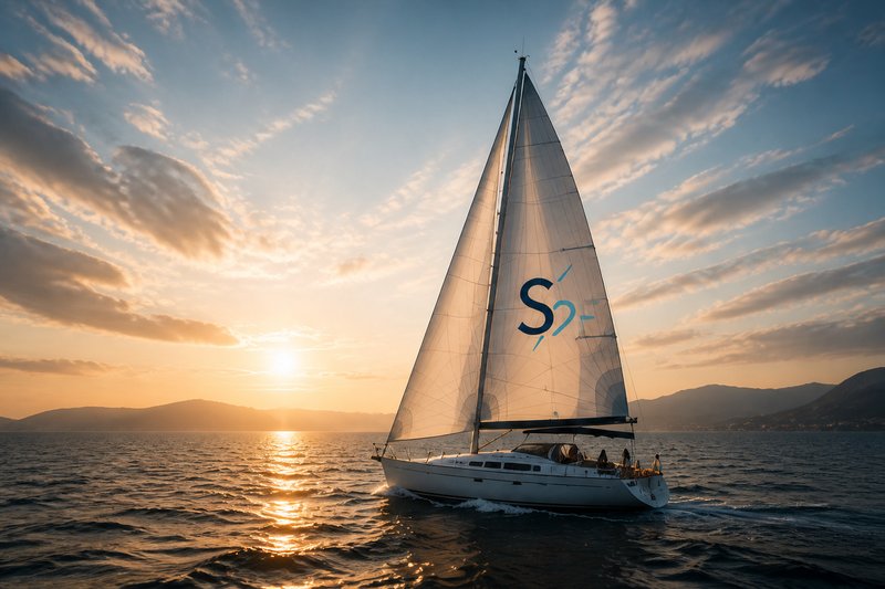 A sailboat with the Space2F sail gliding at sunset
