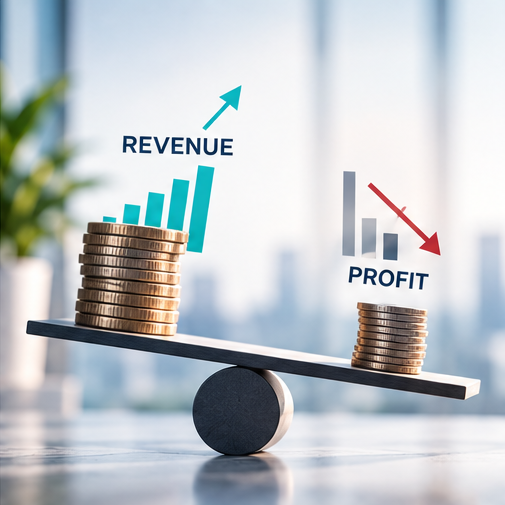 A balance scale where revenue rises and profit falls