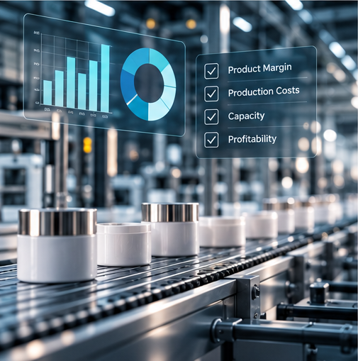 A production line with margin, costs, capacity, and profitability