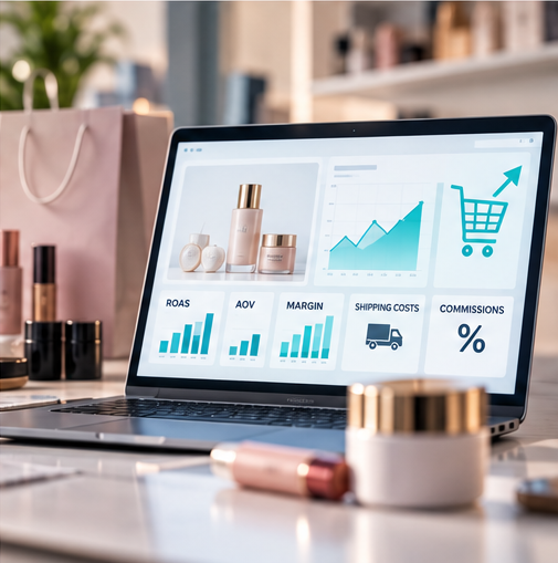 An online retail dashboard with ROAS, margin, shipping, and commissions